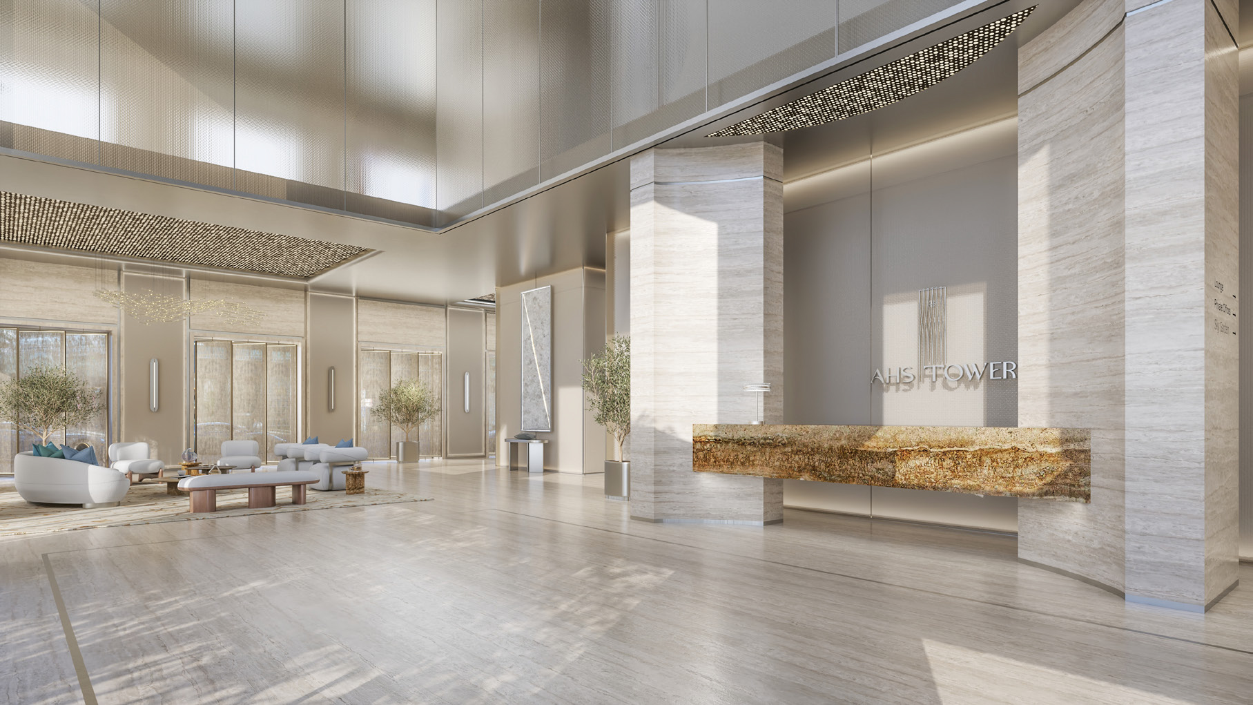 Premium executive CEO office interior rendering with panoramic Dubai views